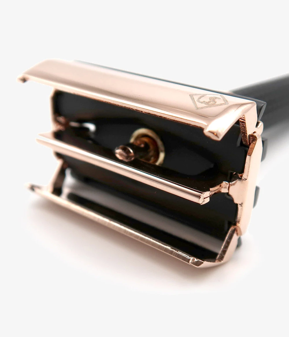 Ubersuave Eco-Razor 301B Rose Gold / Black Adjustable Butterfly Open Double Edge Razor - Rasierhobel