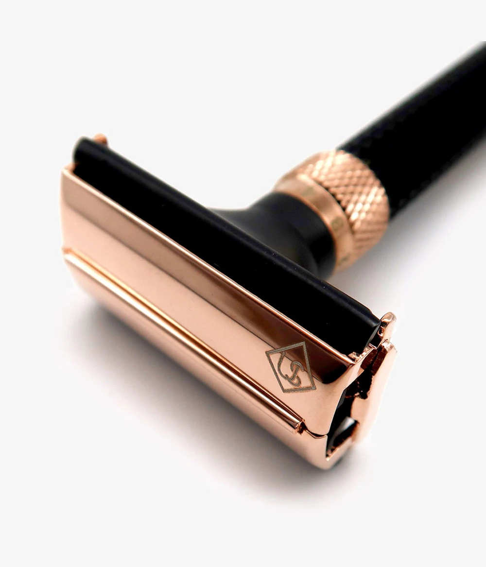 Ubersuave Eco-Razor 301B Rose Gold / Black Adjustable Butterfly Open Double Edge Razor - Rasierhobel